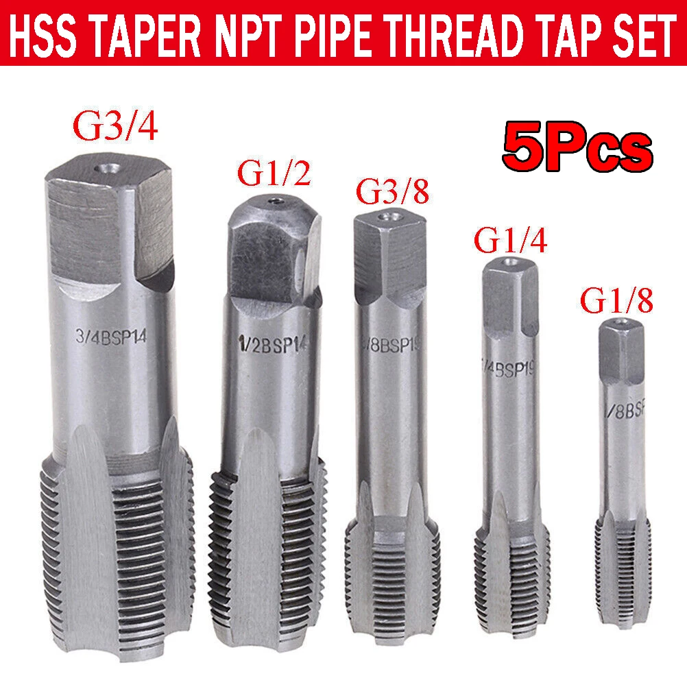 5pcs G1/8 1/4 3/8 1/2 3/4 HSS Taper Pipe Tap Metal Screw Thread Cutting Tools Machining Tool Threading Tool Tap & Die Set Thread