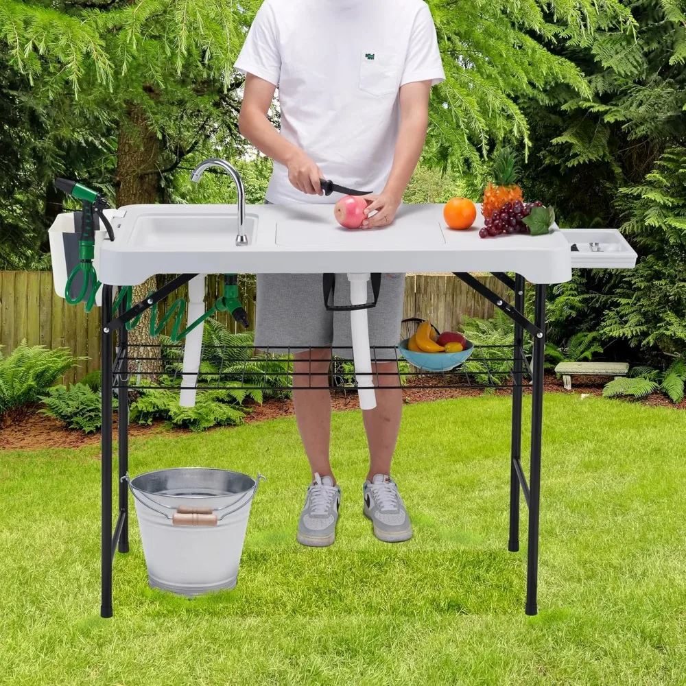 Buiten Visreinigingstafel Draagbaar Camping Wastafel Station Met Dubbele Spoelbak, Inklapbare Draaikraan, Picknick Gootsteen Tafel