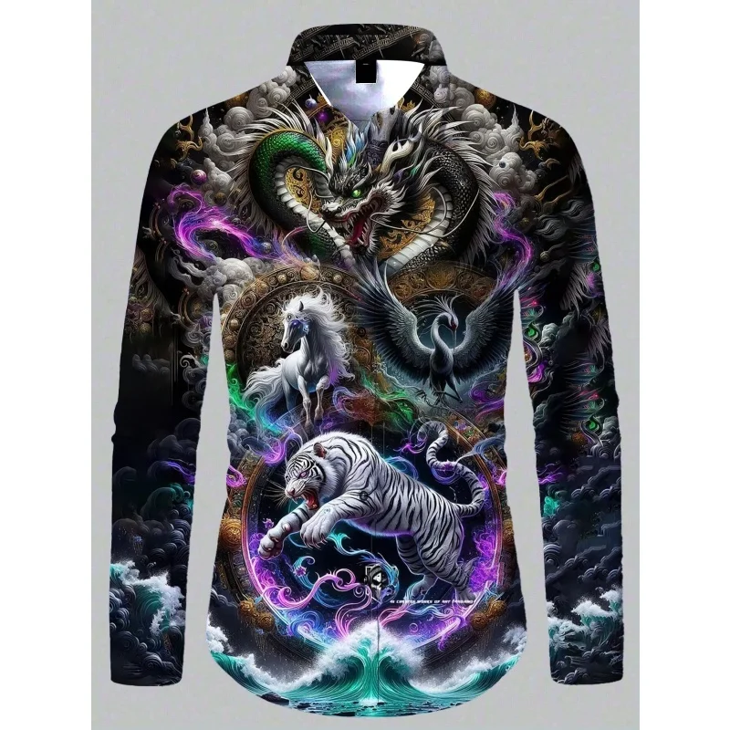 قمصان رجالية كلاسيكية رائعة بأكمام طويلة مطبوعة ثلاثية الأبعاد على شكل حيوان التنين الثور جرافيك الخريف ملابس علوية غير رسمية قميص شارع خارجي رائع #4