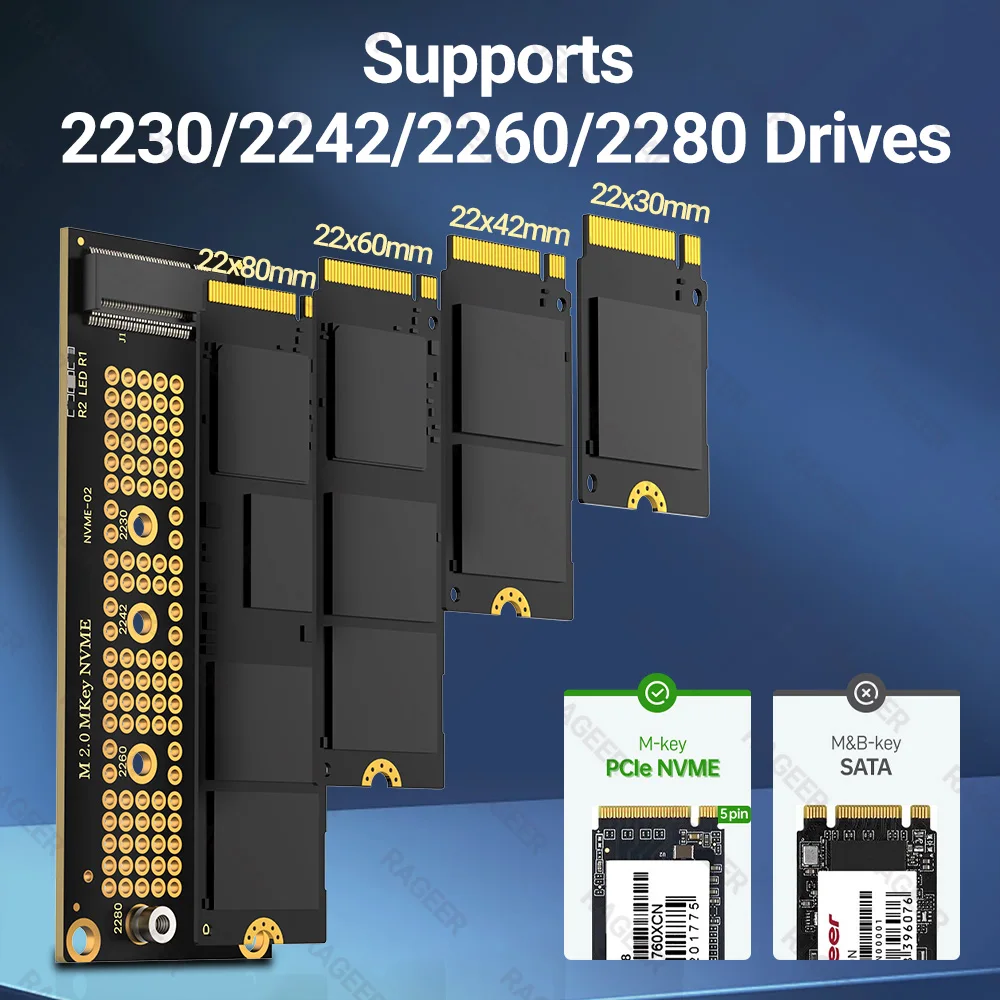 Переходная карта RAGEER PCIE-NVMe X4, PCI Express 4,0/3,0 64 Гбит/с на M.2 2280/60/42/30 SSD конвертер с металлическим профильным кронштейном