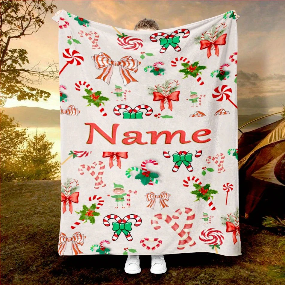 Passen Sie eine personalisierte Flanelldecke mit Weihnachtssüßigkeiten-Schleifenmuster und einem weichen und warmen Sofa zum Ausruhen, im Büro oder ca an