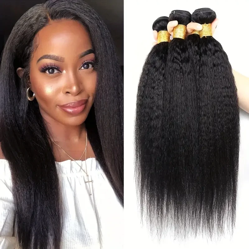 3pcs Human Hair Bundles Peruvian Kinky Straight Bundles 100% Human Hair Bundles Remy Hair Extensions Yaki Straight Hair Bundles