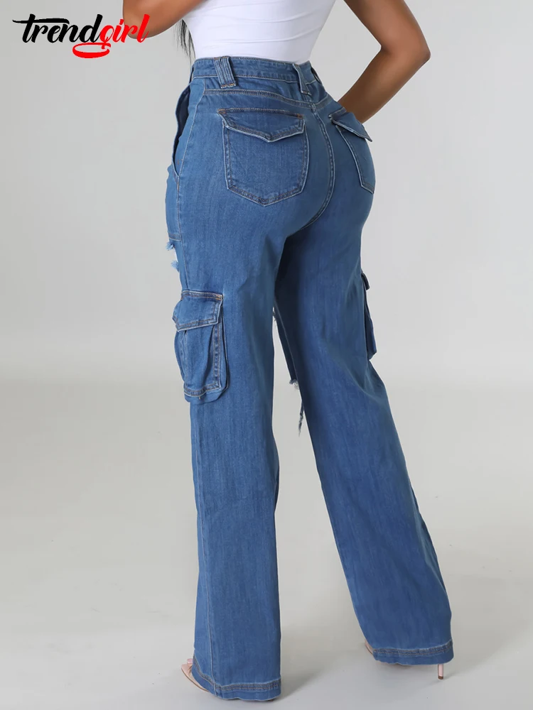Trendgirl Sexy Ripped Hole Pocket Baggy Jeans Cargo Women Clothing Wide Leg Pants Vintage Female Birthday Denim Stretch Trousers