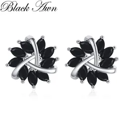 Black Awn Stud Earrings for Women Classic Silver Color Trendy Spinel Engagement Fashion Jewelry I252