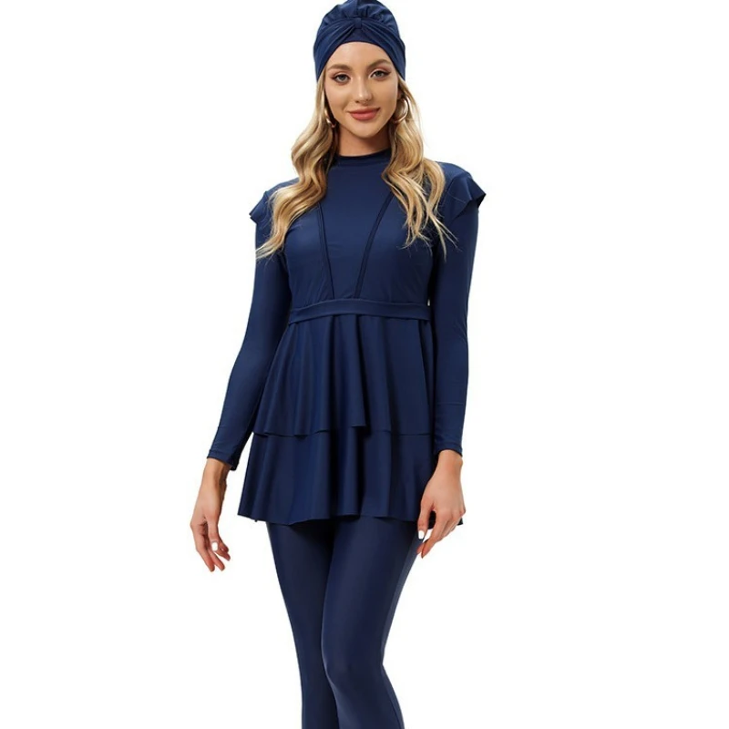 Ruffle Muslim Swimwear Women Burkini with Bra Padding Patchwork Hijab Long Sleeves Swimsuit Islamic Bathing Suit
