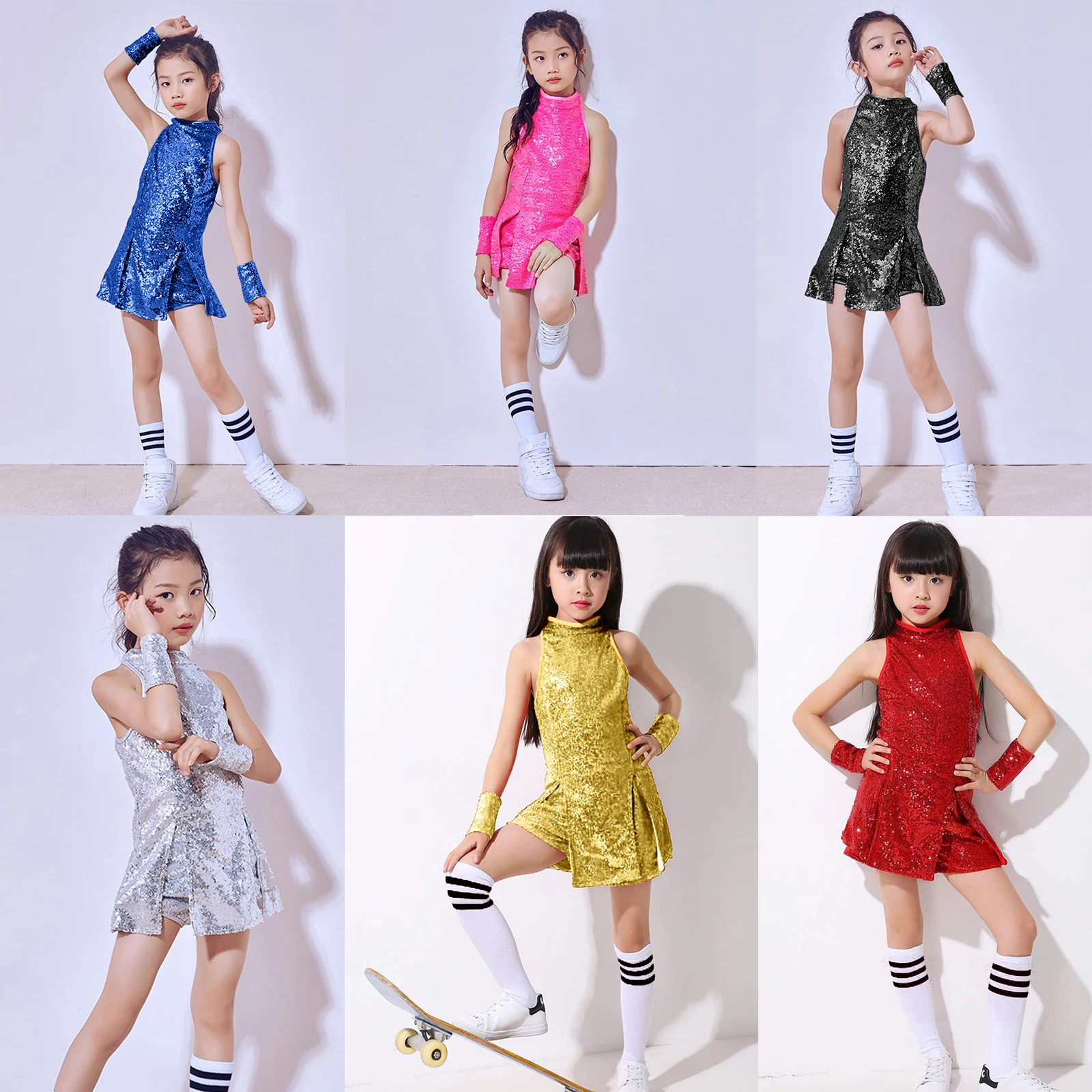 Girls Sequins Dance Clothes Dress 4-12 Years Sparkle Hip Hop Jazz Dance Outfit, Sleeveless Top and Shorts