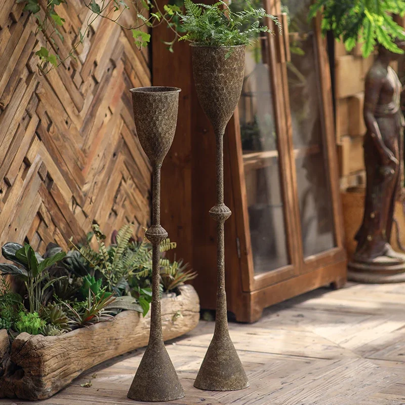 Estate Trophy Iron Floor Vase, Tall Hammered Goblet Planter, Vintage European Pedestal Flower Vase, Architectural Garden Accent