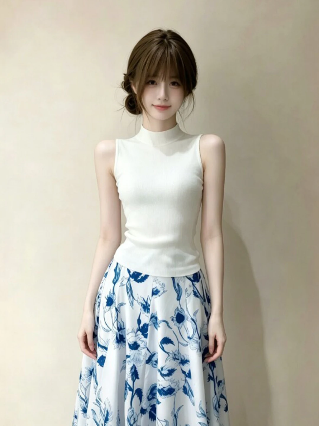 

Elegant Fashionable Two-Piece Set Cotton Blend Casual Style round Neckline Sleeveless Top with High Waist Midi Skirt