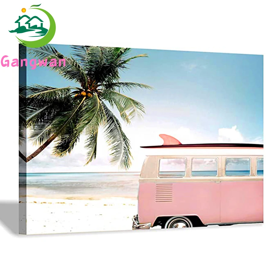 Beach picture coastal DIY diamond embroidery wall art pink car surfboard diamond painting mosaic seaside palm living room decor