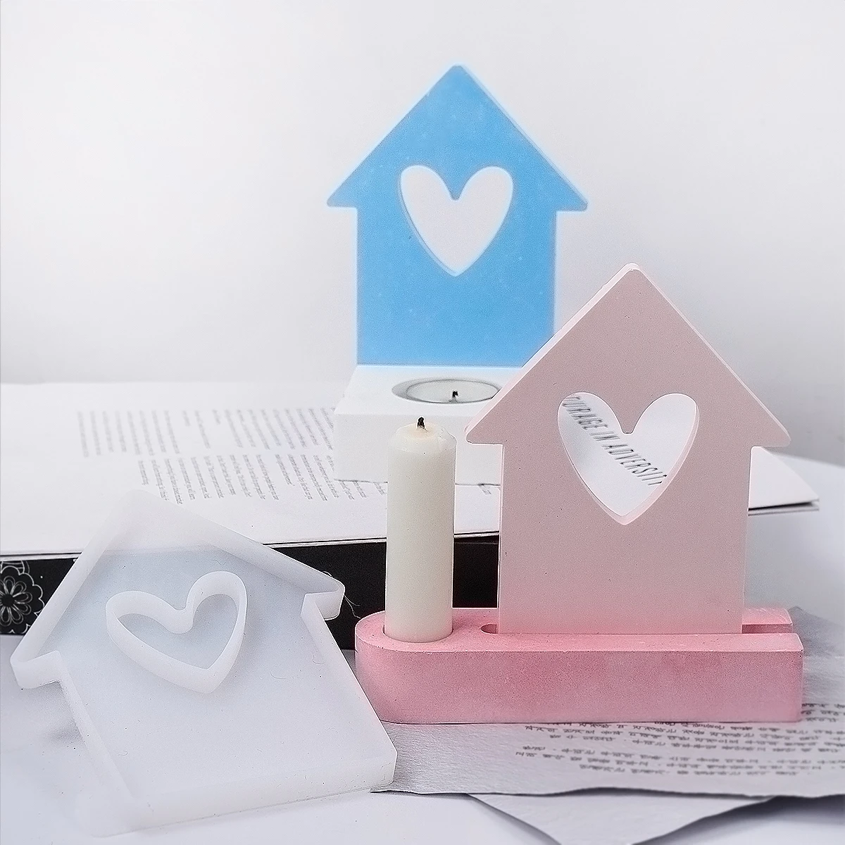 New House Candlestick Silicone Mold DIY Handmade 3D Hollow Love Home Candle Holder Resin Mould Concrete Heart House Craft Gifts