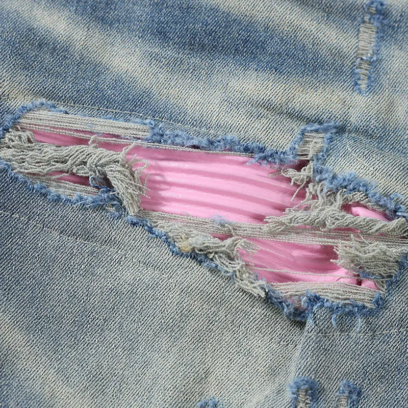 Y2K high-quality new denim jeans nostalgic washed elastic band slim fit perforated patch light blue jeans hip-hop brand pants ho - Image 5