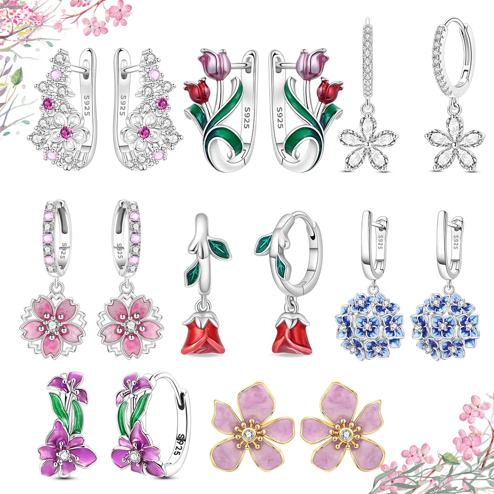 Fashionable 925 Sterling Silver Blooming Flowers Tulips Roses Bells Orchid Blossoms Earrings Versatile Dating Accessories Gifts