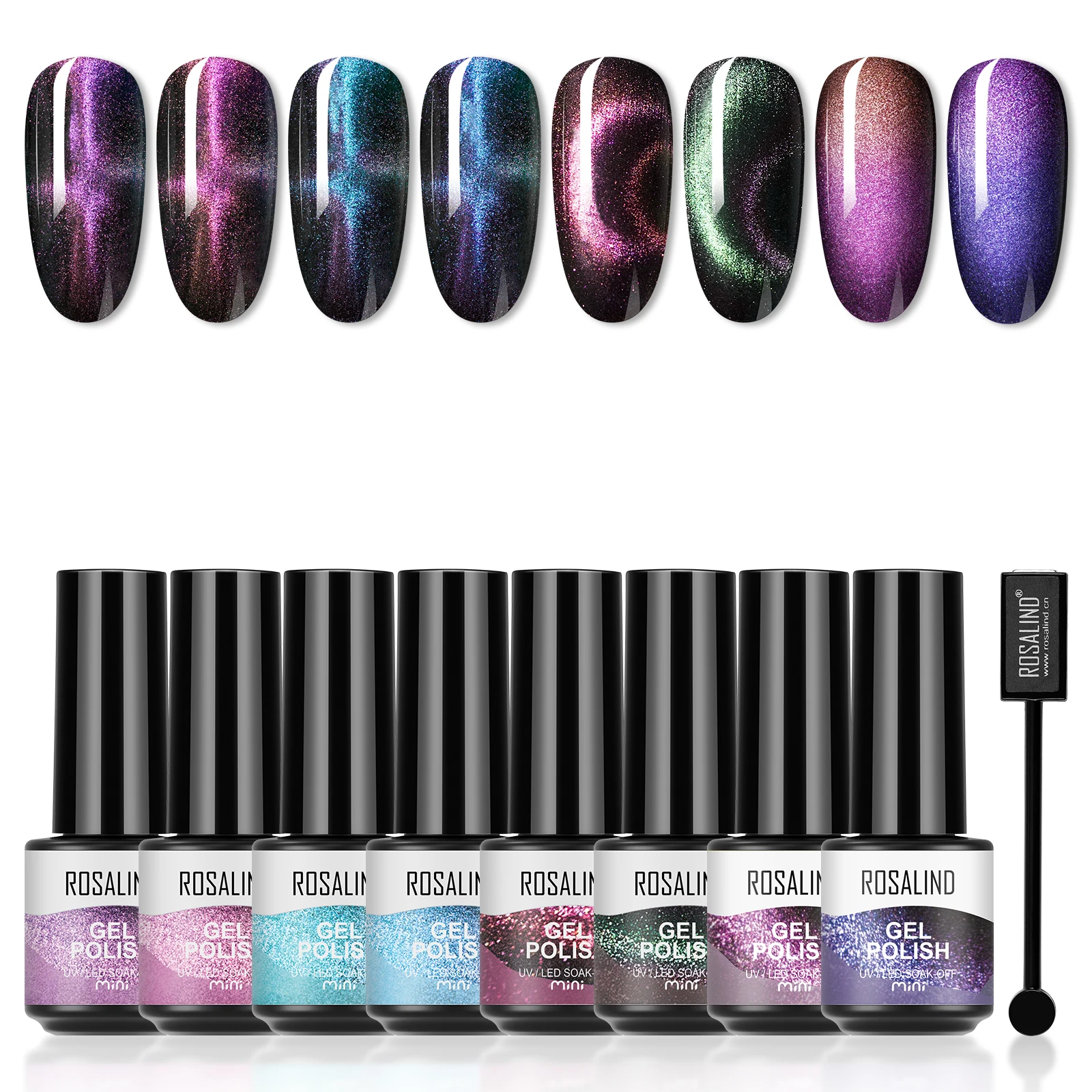 ROSALIND Glänzendes Gel-Lacke-Set, semi-permanent, Soak Off Cat Eye Gel-Nagellack-Sets, 8-teiliges Basis- und Decklack-Nagelkunst-Set mit Box