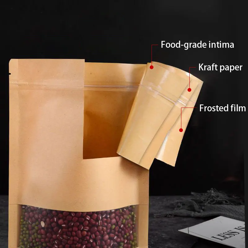 50pcs Zip Lock Food Bags Kraft Paper Window Bag Stand up Gift Dried Food Fruit Tea Packaging Pouches Zipper Self Sealing Bags