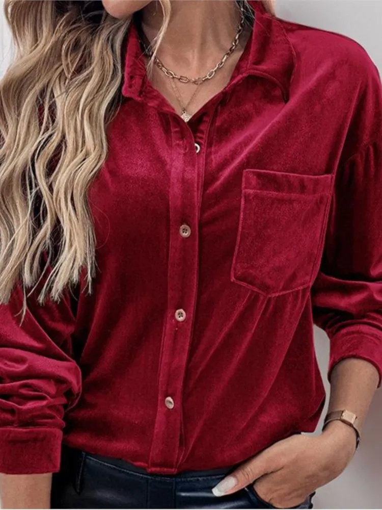 2024 nueva primavera otoño Color sólido terciopelo camisa cuello Casual manga larga camisa de un solo pecho con bolsillos Top