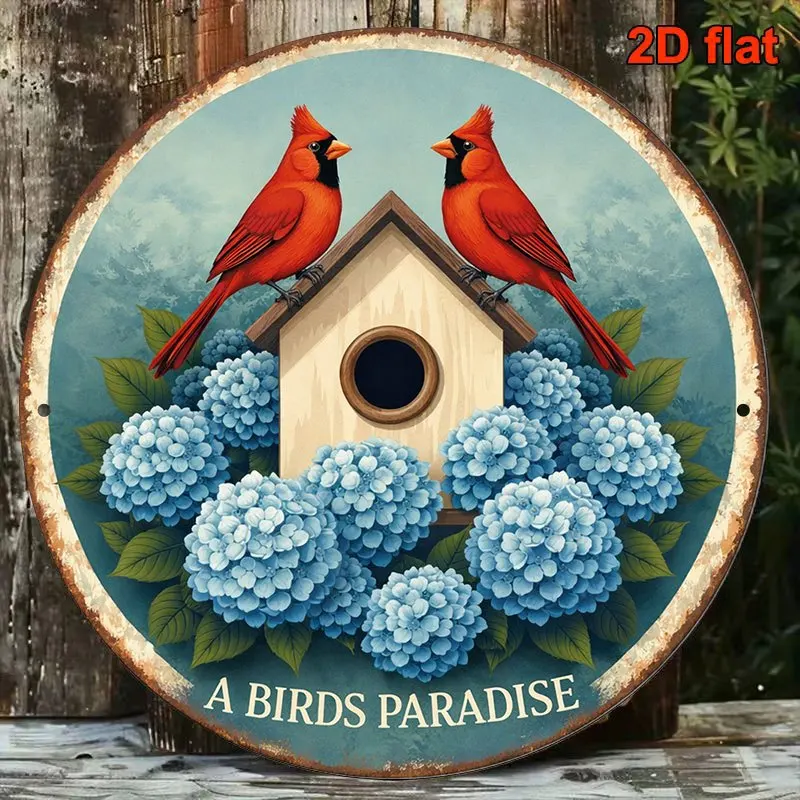 2D Flat, 1pc 1pcs Suitable for Living Room, Garden, Bedroom Vintage Red Bullfinch Bird & Hydrangea Wall Decor - Round Plaque wit