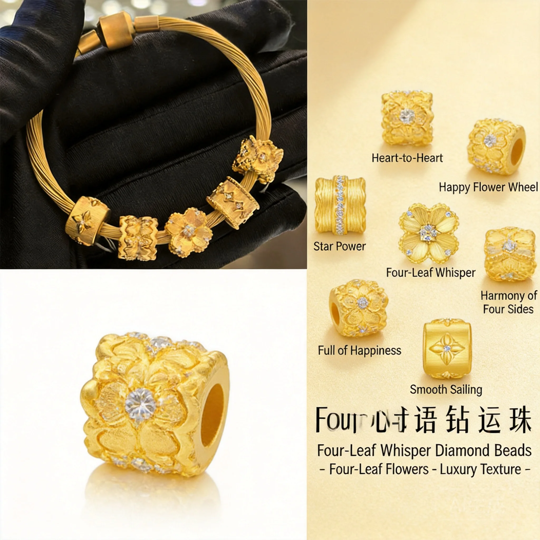 Chinese Style Auspicious Blessing Lucky Gold Color Cz Inlaid Transfer Beads For Diy Bracelet Bangle Jewelry Making Accessories