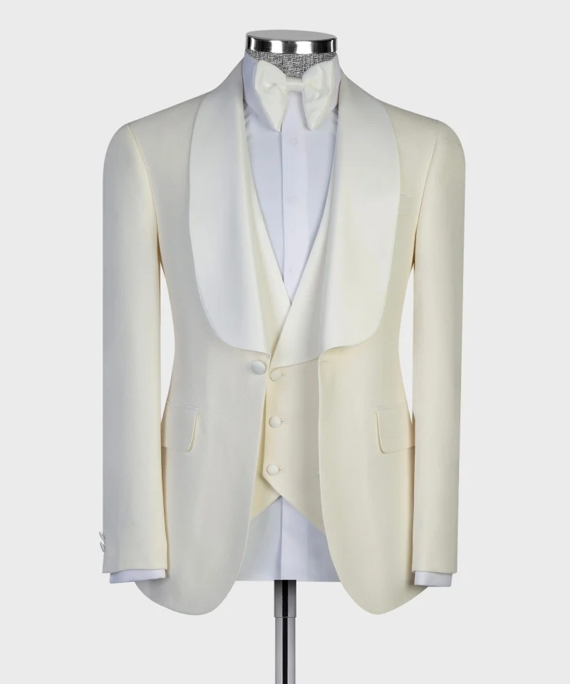 

Trajes para hombre однобортные бежевые мужские костюмы с шалью и лацканами, смокинг, комплект из трех предметов, пиджак, жилет, брюки, официальные белые костюмы для мужчин