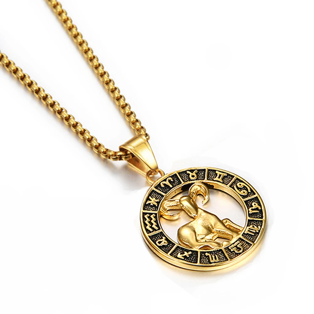 Zodiac Sign Leo Scorpio Pendant Necklace for Women/Men Gold Color Stainless Steel Round 12 Constellation Necklaces Dropshipping