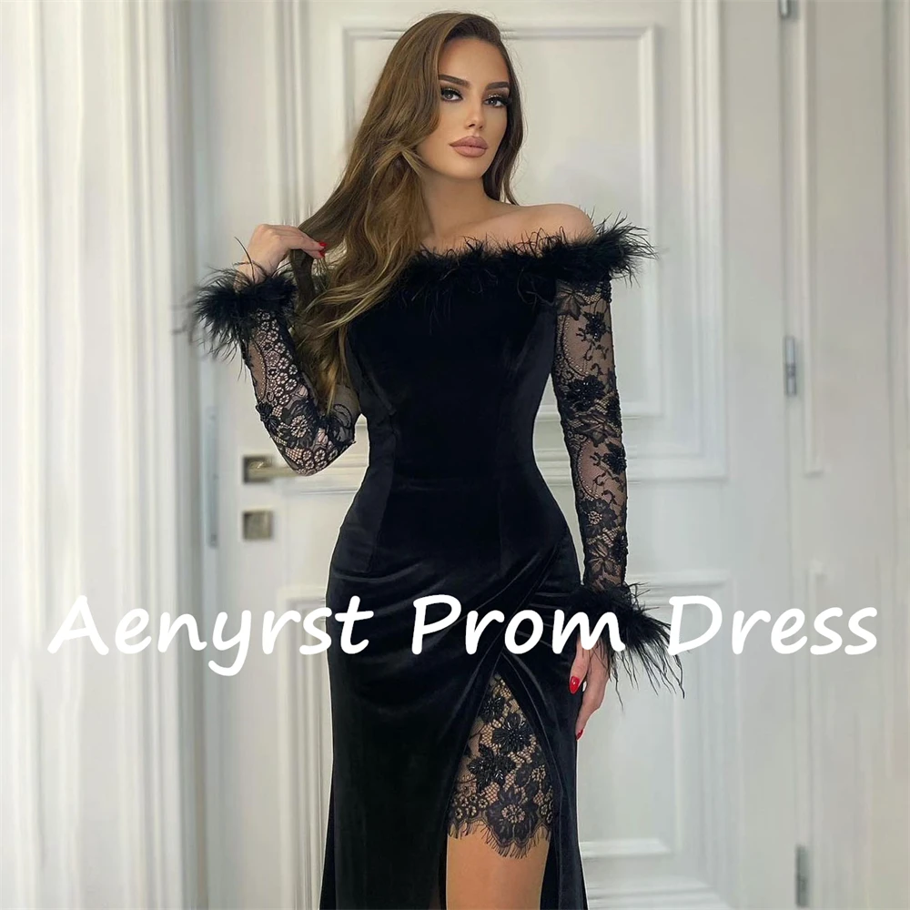 Aenyrst nero con spalle scoperte piume pizzo Arabia abiti da sera sirena Velour Split Prom Dress lunghezza del pavimento cena abiti da festa