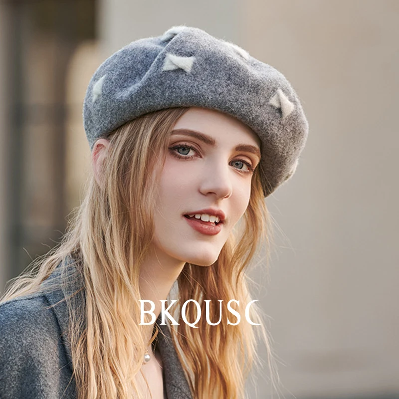 Bow Knot Wool Women\'s Berets Winter Warm Cute Splicing Painter Berets Cap Female Fashion Cashmere Cap Girl\'s Stylish Gray Beret