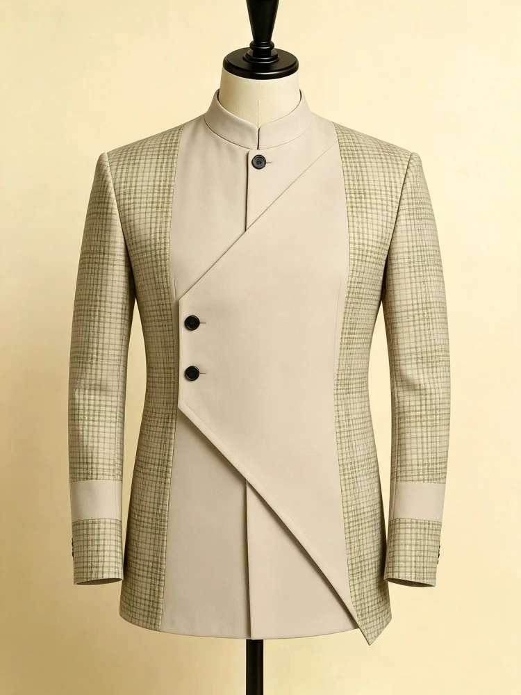 Mens Mandarin Collar Single Blazer Slim Fit Patchwork Plaid Button Jacket New Chinese Style Business Formal Outer Coat