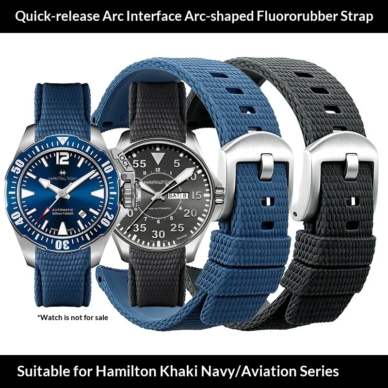 20 22mm FKM Watch Strap Replacement Rubber Band Compatible with Hamilton Khaki Aviation H77705145 H64715885 Watch Accessories