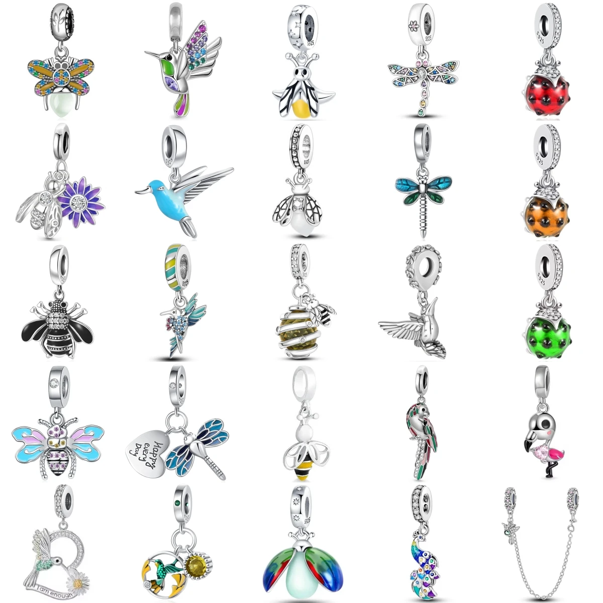 S925 Silver Insect Bird Dangle Charms Bee Dragonfly Hummingbird Ladybug Flamingo Beads Fit Bracelet DIY Jewelry Gift