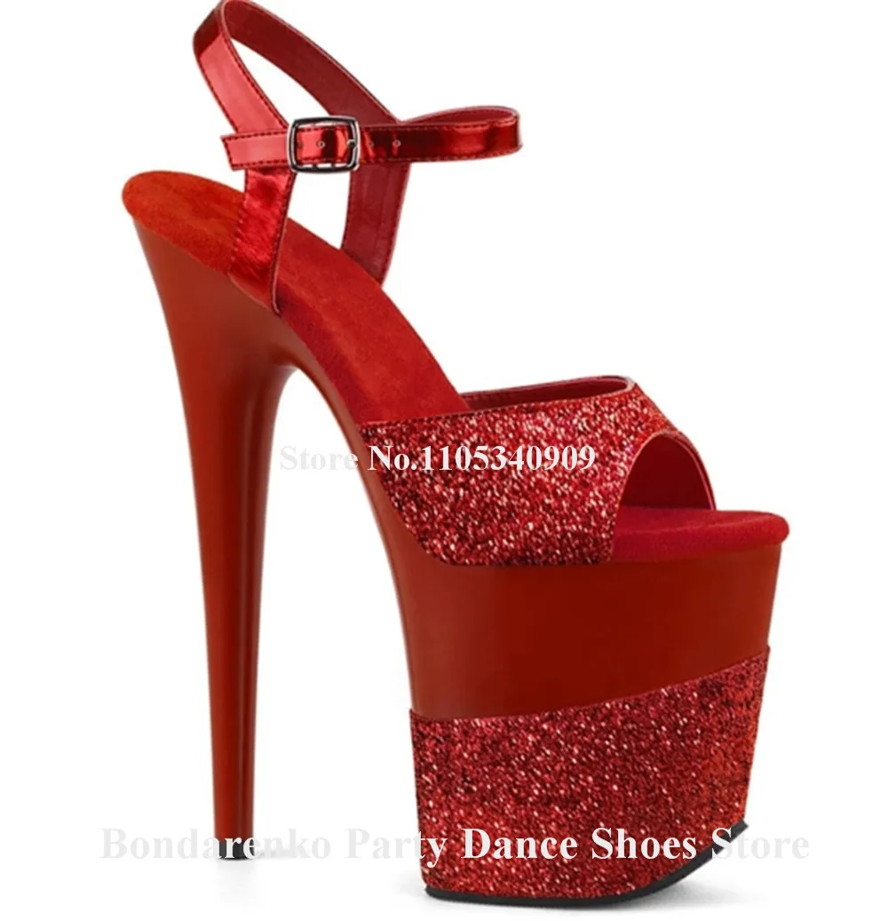 Bondarenko Bling Bling Red Gold Black Glitters Patchworok Stiletto Heel Sandals Peep Toe High Platform 25cm Thin Heel Dance Shoe