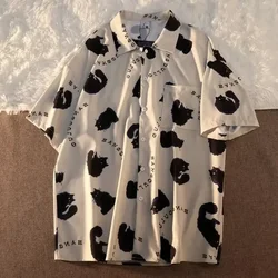 Cartoon Cat Graffiti Shirt Street Style Tops Women Summer Loose Casual Men Shirts Short Sleeve jacket Cool Blouse Shirt Unisex