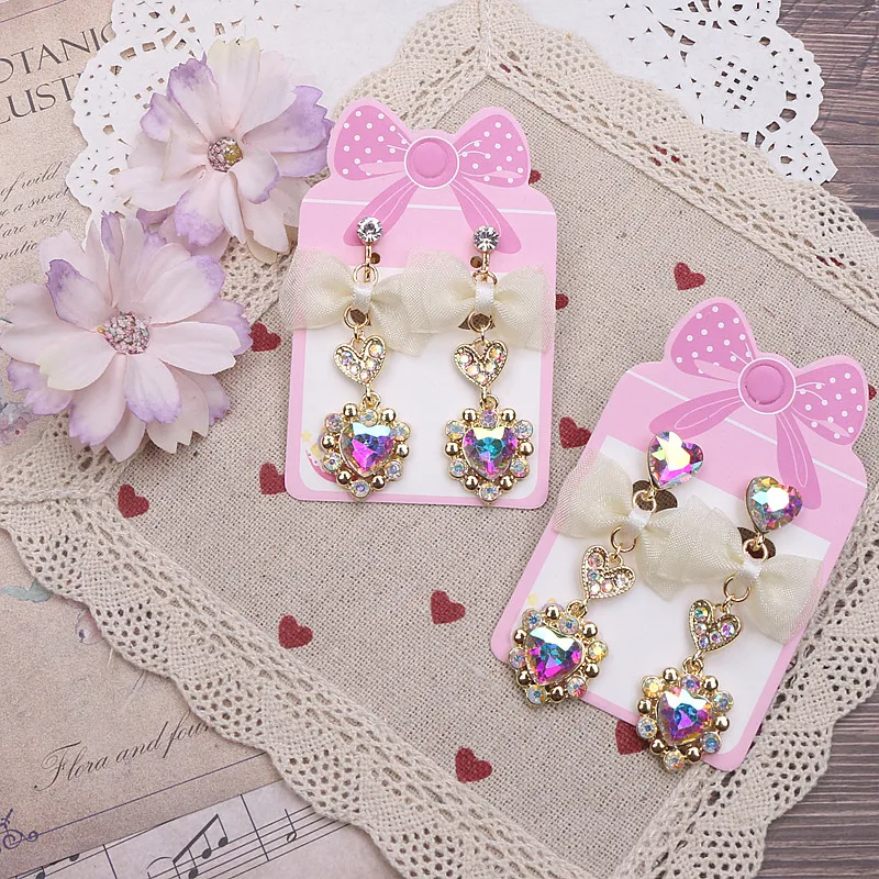 

Original Handmade Japanese Sweet Lady Cute Earrings Bow Rhinestone Love Earrings for Women