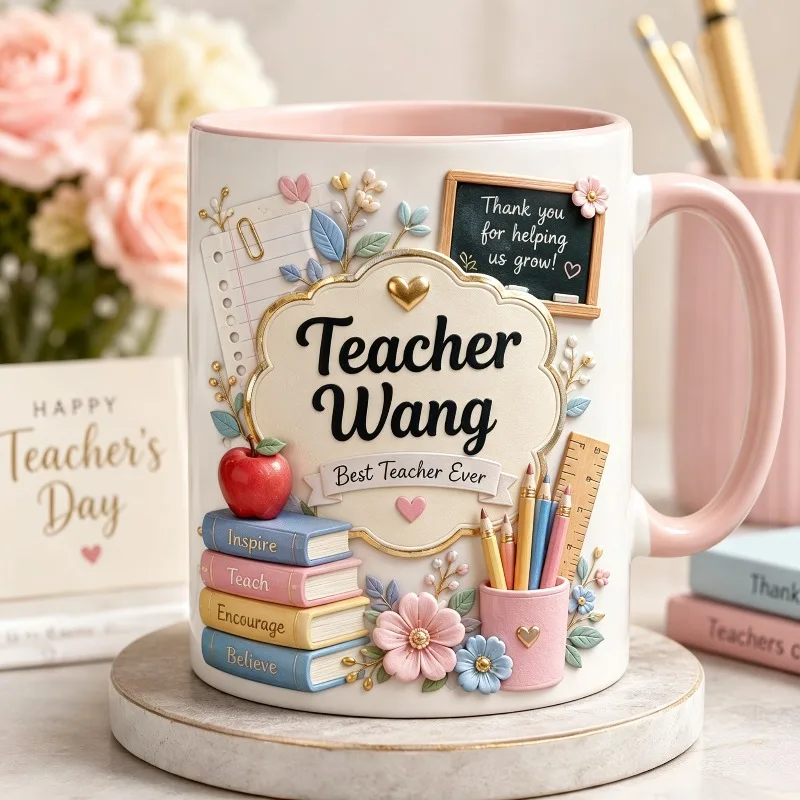 Personalized Teacher Mug Floral Coffee Cup Book Pencil Apple Print Rim Design Gift Educator Teacher Appreciation