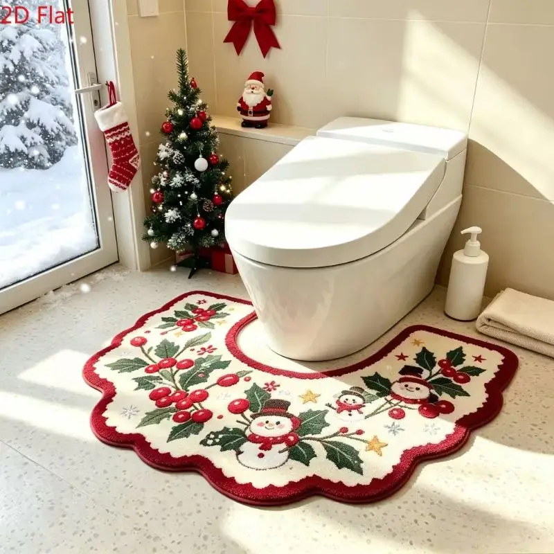 VIKAMA Cream Christmas U Shaped Toilet Mat Pinecone Berry Santa Bow Beige Holiday Bathroom Contour Rug Cozy Winter Decor Gift