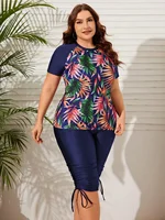 Plus Size Women Summer Beach Tropical Print Rashguard Set