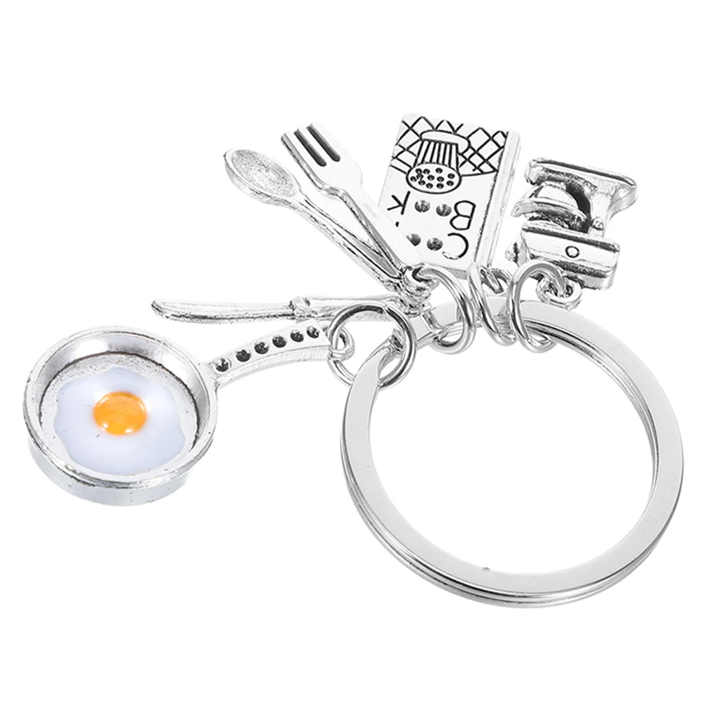 

Zinc Alloy Durable Material Fried Egg Tableware Design Cute Mini Food Pendant Chef Keyring Chain Fork Silver