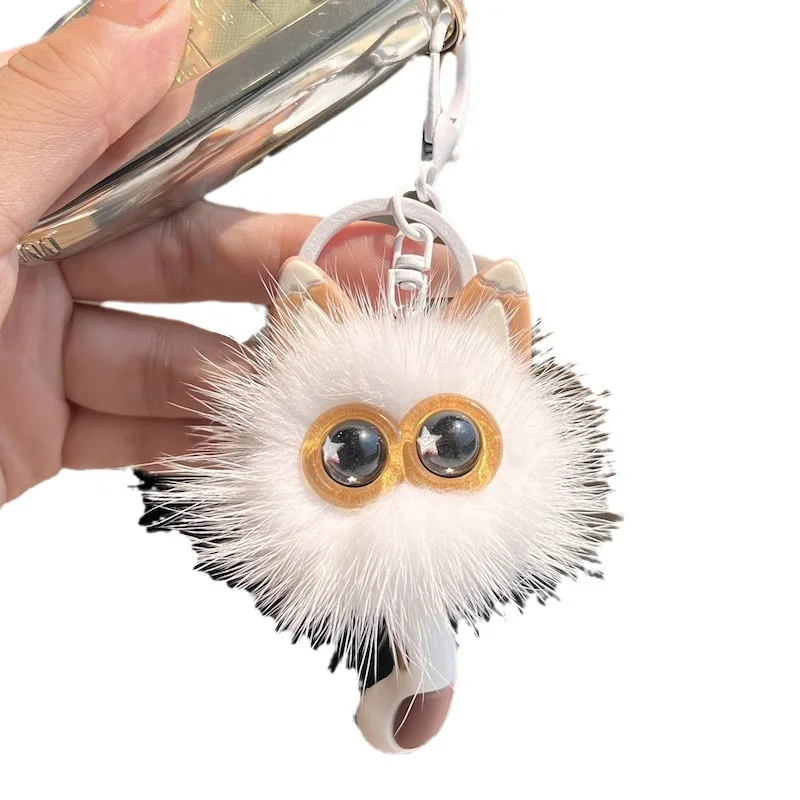 1個入り 可愛い本物のミンクファー子猫カーキーホルダーぬいぐるみボールキーリングペンダントドールバックパックチャーム女性女の子向けギフトキーホルダー