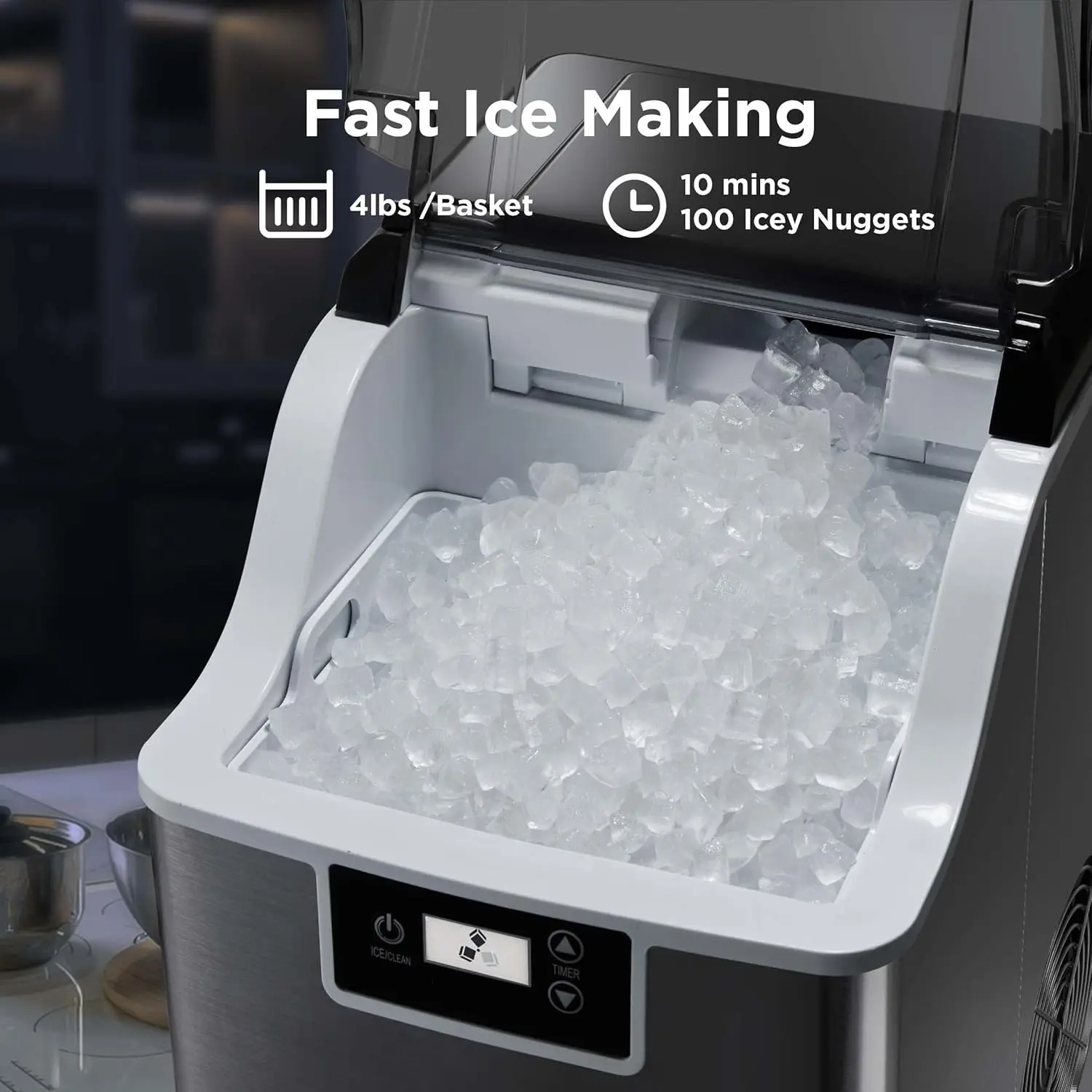 Compact Nugget Ice Maker，44lbs/Day Pellet Ice Maker Machine with Timer & Self-Cleaning Function, Portable Countertop Ice Maker