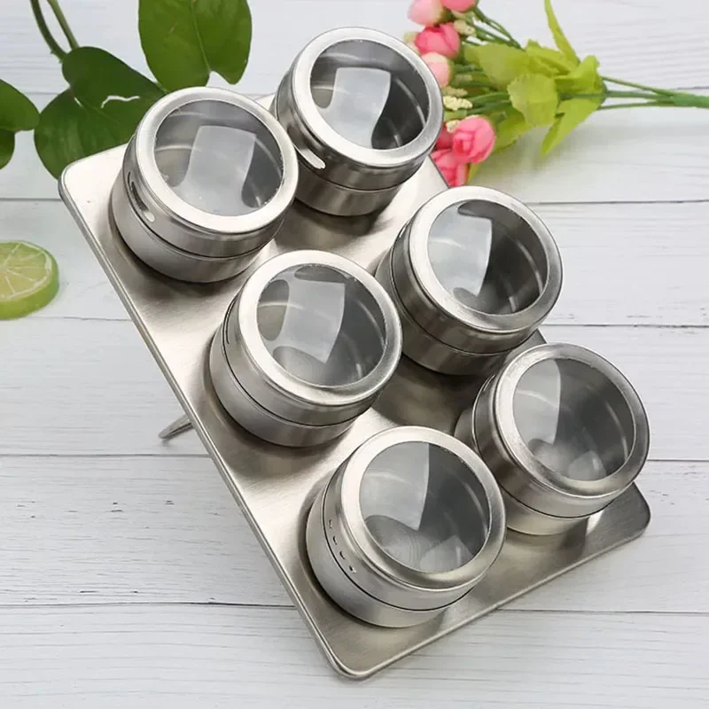 6pcs/set Magnetic Spice Tin Jar with Rack Stainless Steel Spice Sauce Storage Container Clear Lid Jars Kitchen Condiment