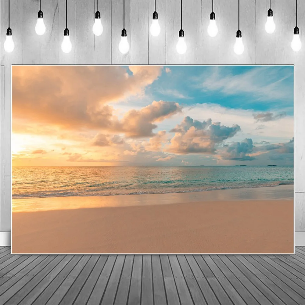 Sunsetting Floating Clouds Seaside Photography Backgrounds Summer Ocean Beach Sand Wave Nightfall Backdrop Photographic Portrait