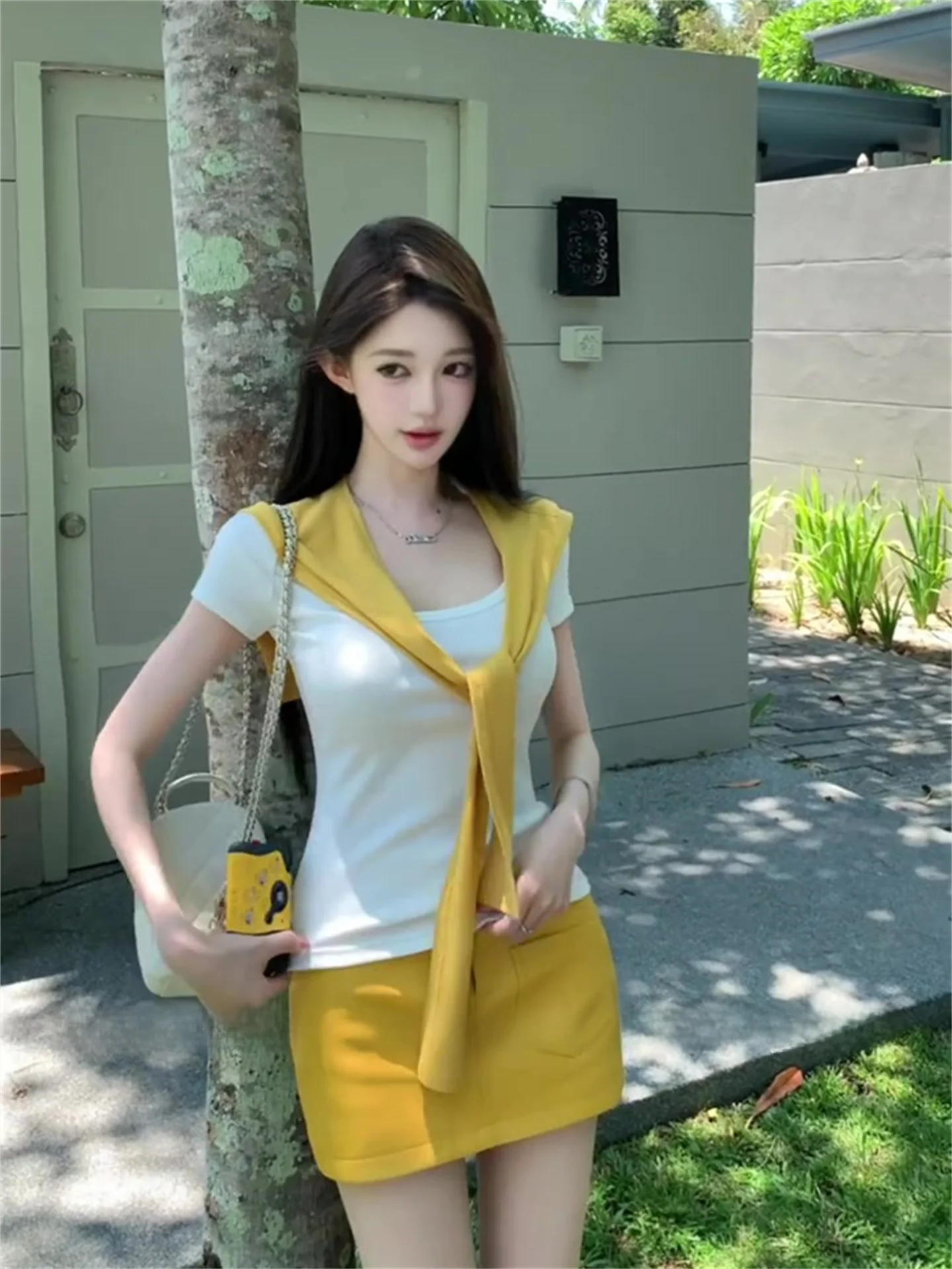 

Sexy Girl Set Women Summer Pure Desire Belted Shoulder Short Sleeve Top Yellow Bodycon Skirt Two Piece Set High Waist ...