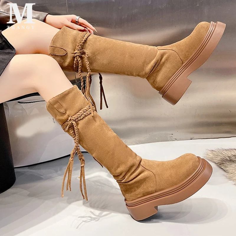 Botas de salto médio feminino de camurça, sapatos de plataforma, salto alto, gótico, casual, elegante, Chelsea, Designer, Tendência, Inverno, Moda, 2025