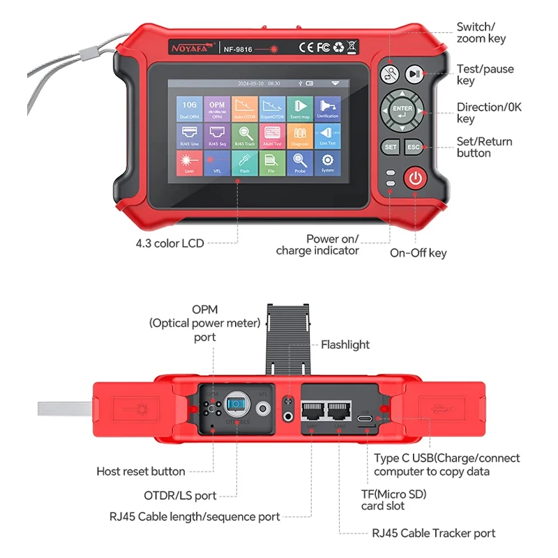 NOYAFA OTDR IPC Tester 1310/1550nm Optical Fiber 10G Dual OPM Multi in 1 Optical Time Domain Reflectometer with OPM OLS VFL Map