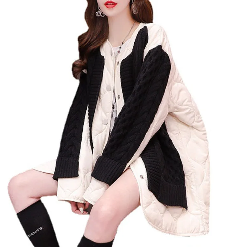 [EWQ] Spliced Cotton Long Sleeve Knit Cardigan Single Breasted Loose Women Winter Thick Sweater Jacket 2024 Autumn New 16O2555