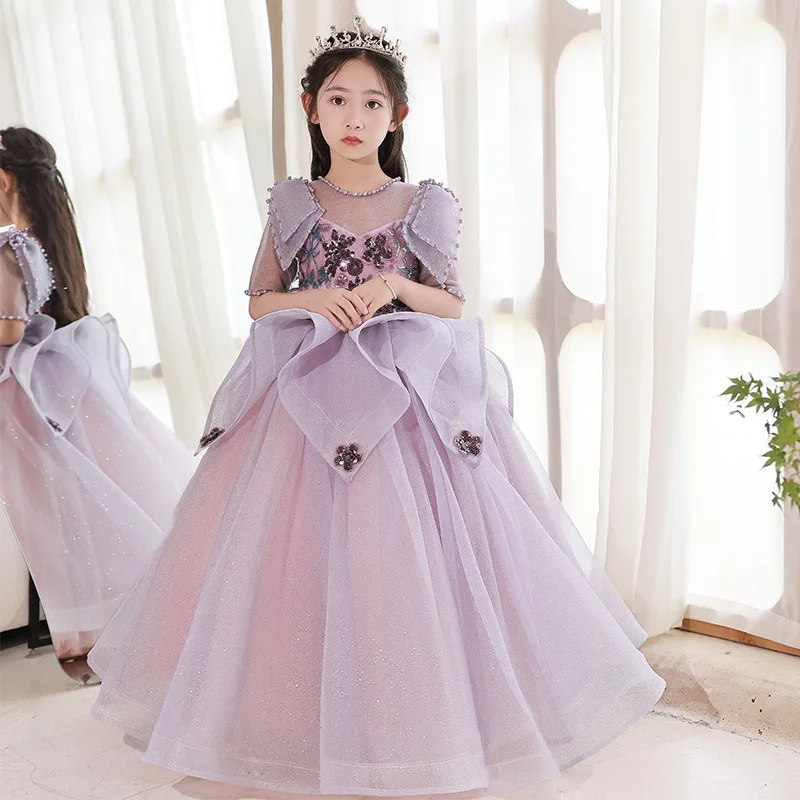 Wedding Princess Dress Violet Lace Teen Girl Vintage Appliques Flower Tulle Costume For Children Flower Girl Prom Long Vestidos