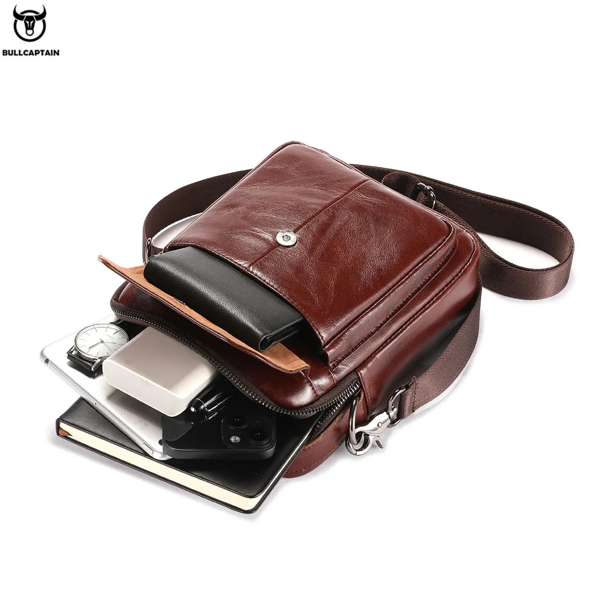 BULLCAPTAIN New Genuine Leather Men Vintage Handbags Flap Men\'s Shoulder Bag Casual Office Messenger Bags Fashion Crossbody