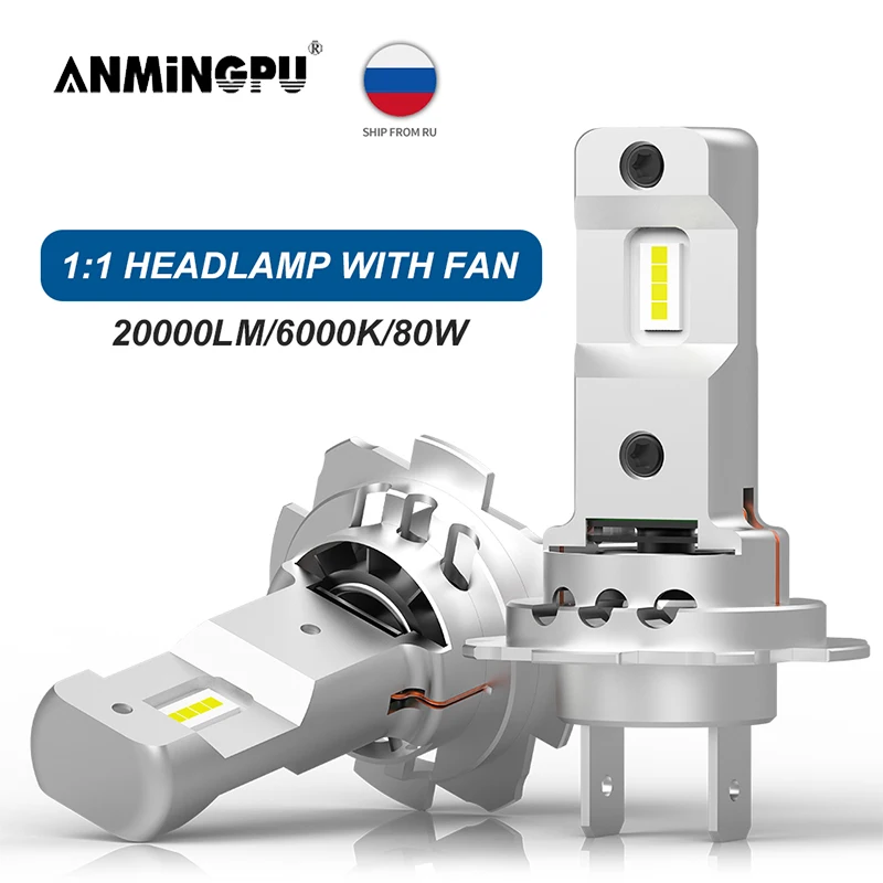 ANMINGPU 2Pcs Turbo H7 LED Bulb CANBUS with Fan 20000Lm Mini Head Lamp Wireless Car LED H7 Headlight Bulbs 6000K White 12V