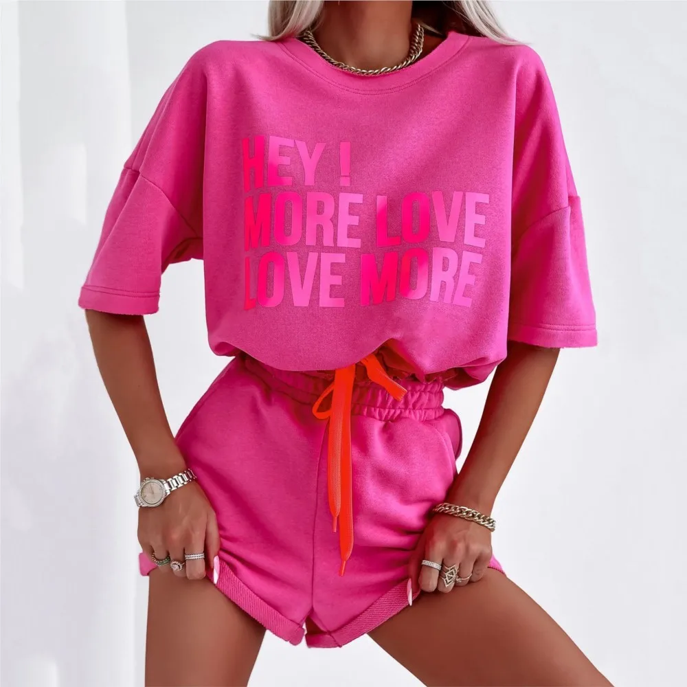 New Summer Two Piece Set Women Clothing Sets Casual Tshirt Shorts Set Fashion O-neck Letter Print Sweat Biker Short Set Jogger