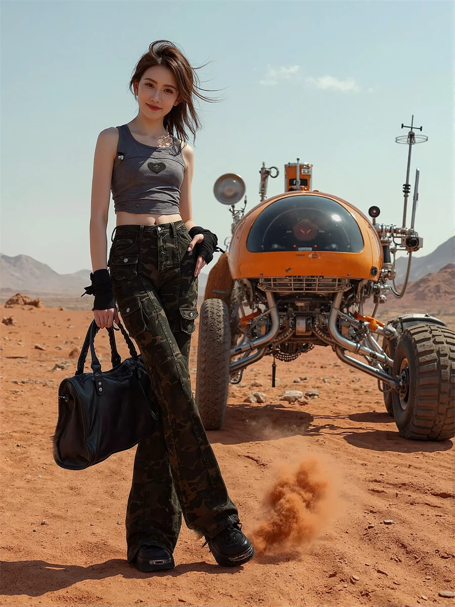 

Камуфляжные тонкие узкие джинсы в пол, женские винтажные расклешенные брюки с высокой талией, плиссированные, с карманами, мешковатые, с вышивкой