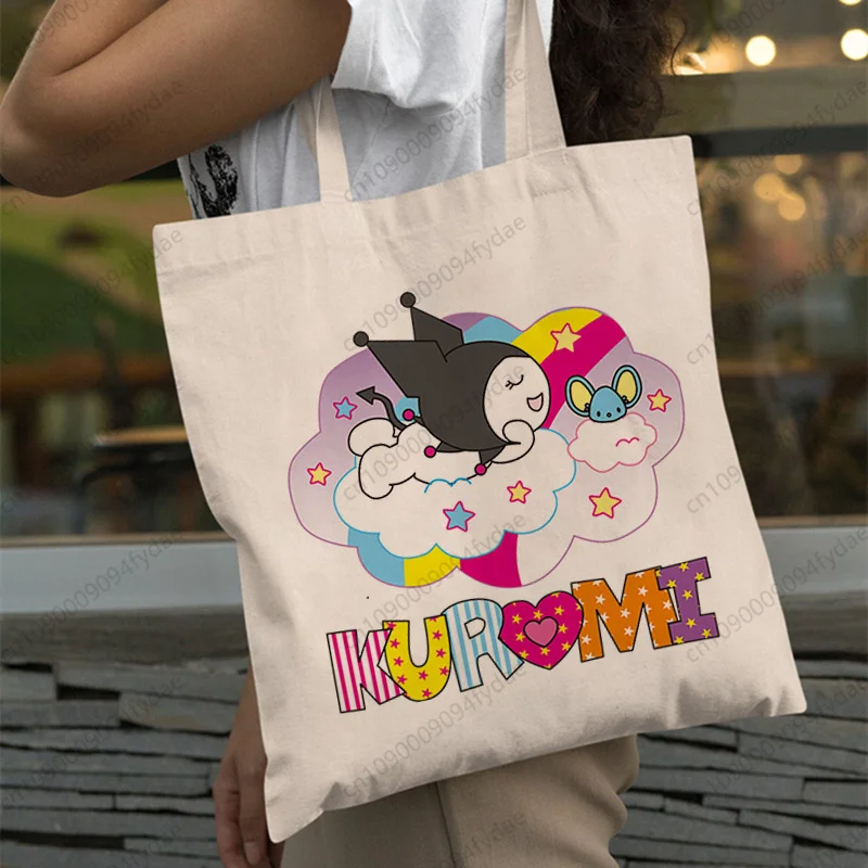 

Sanrio Kuromi I Miss You Cute Graphic Handbags Cartoon Canvas Tote Bag Printed Daily Use Reusable Travel Casual Shopping Bag