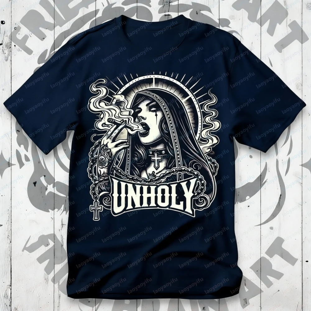 Unisex Cotton T-Shirt with Gothic Unholy Nun Graphic - Dark Aesthetic Streetwear TeeVintage Tattoo Style Horror Inspired Shirt